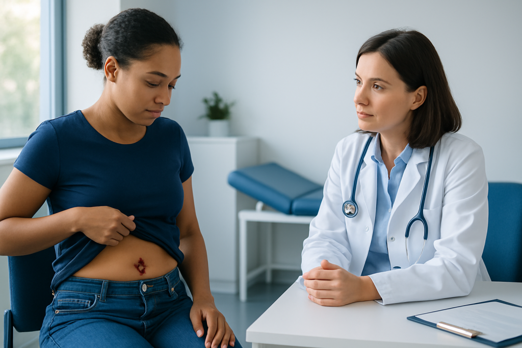 Doctor examining a woman with a belly button keloid in a clinic room.