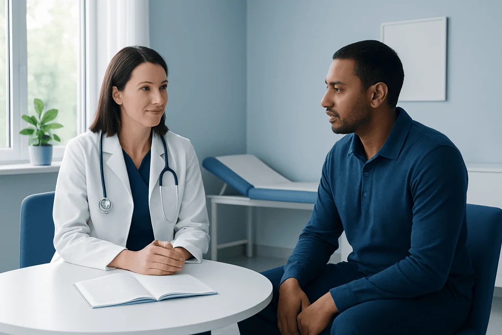 Doctor consulting with patient in a medical office setting.