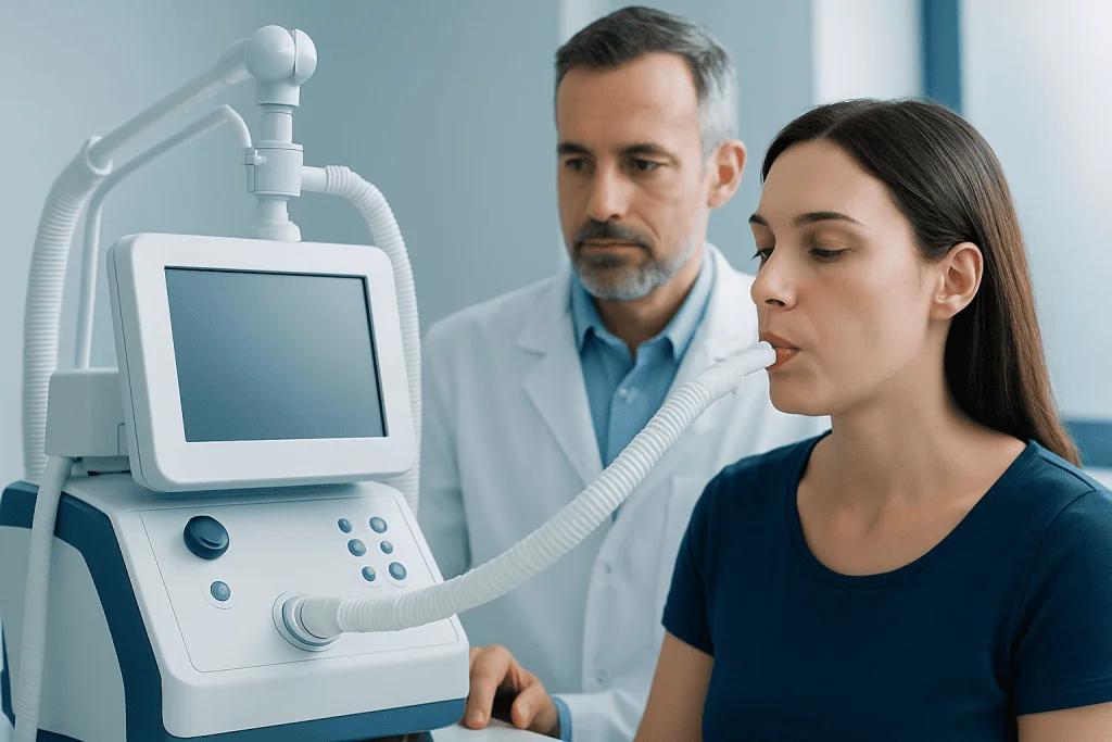 Patient undergoing a respiratory test with medical equipment at Acibadem Hospital.