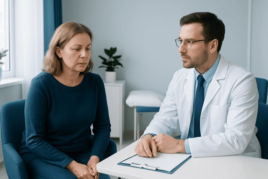 Doctor consulting with middle-aged woman in a medical office setting.