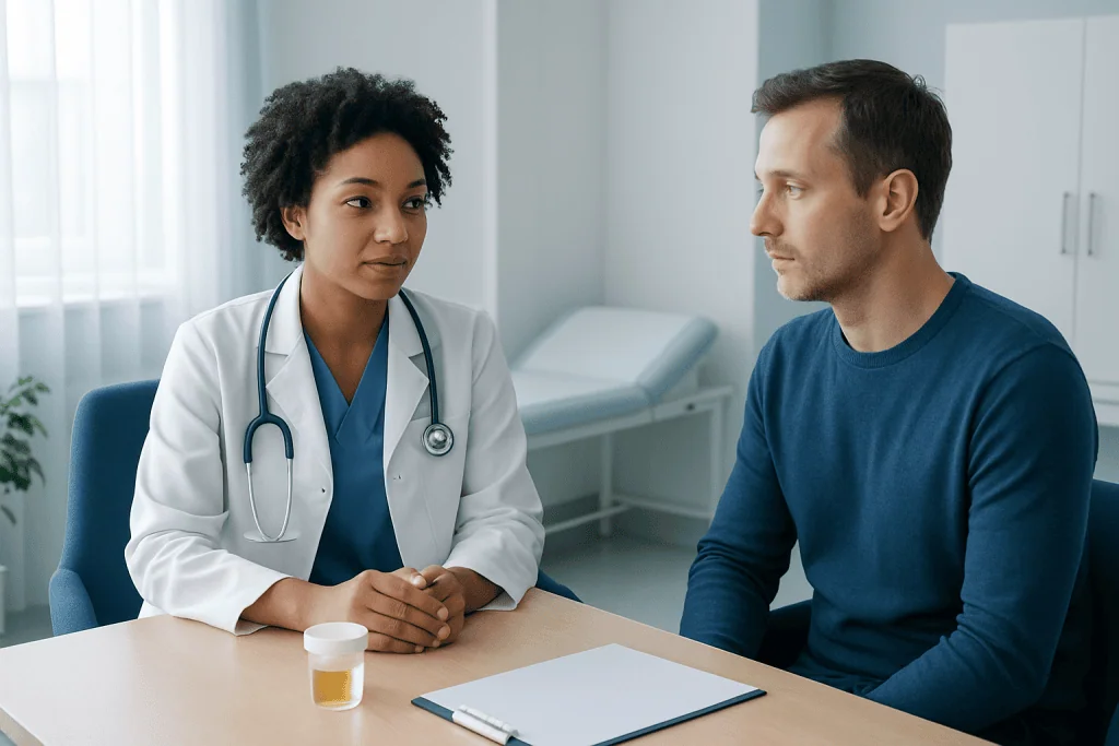 Doctor consulting with male patient in a medical office.