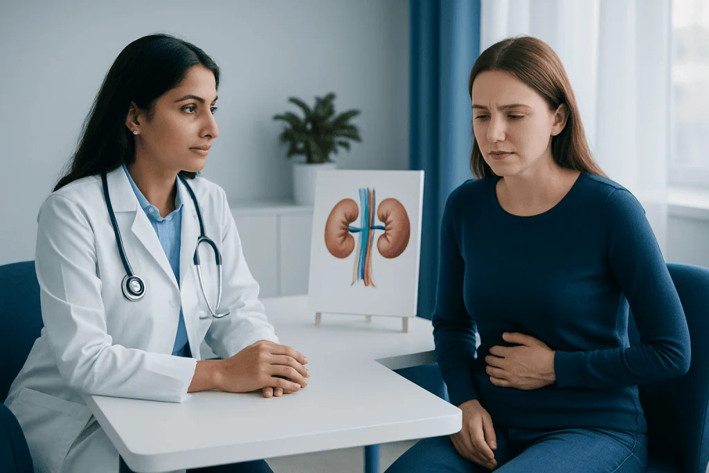 Doctor explaining kidney health to a patient in a consultation room.