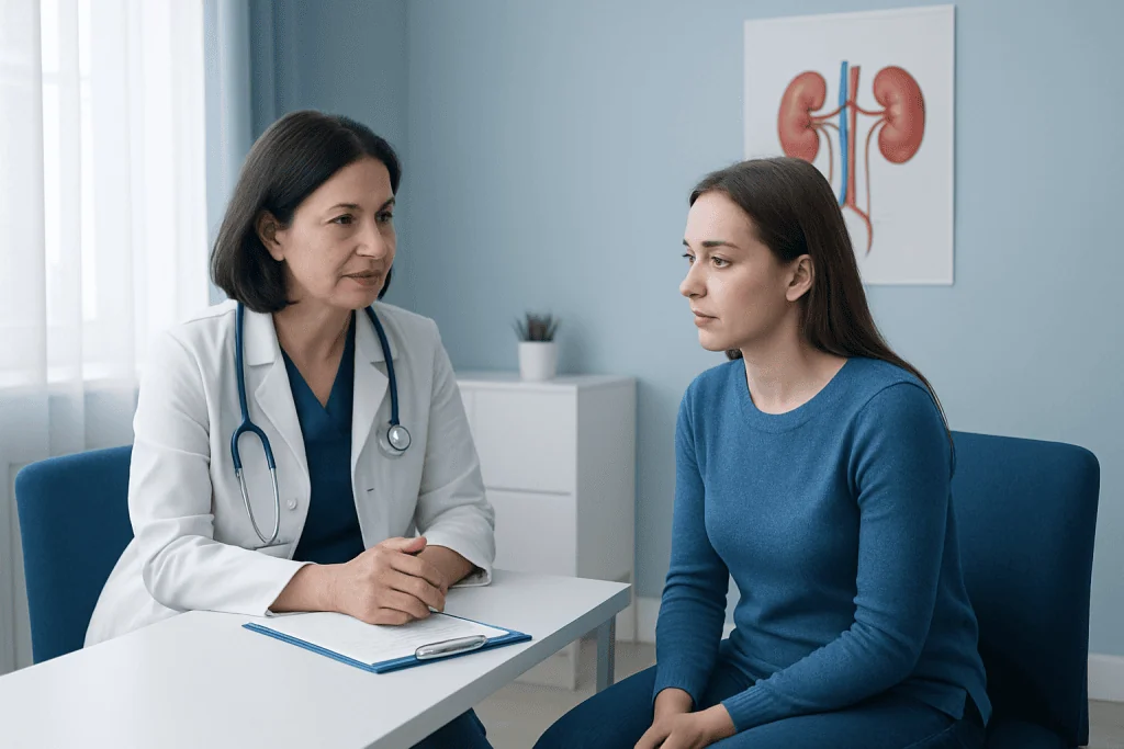 Doctor consulting with a young female patient about kidney health.