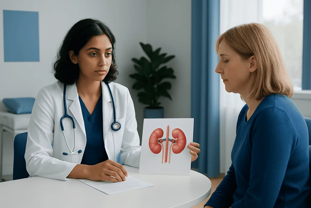 Doctor explaining kidney health to patient with kidney diagram.