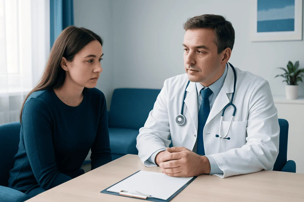 Doctor consulting with a young woman in a medical office setting.