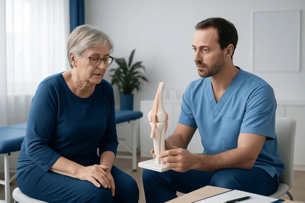 Doctor explaining knee joint model to elderly woman in consultation room.