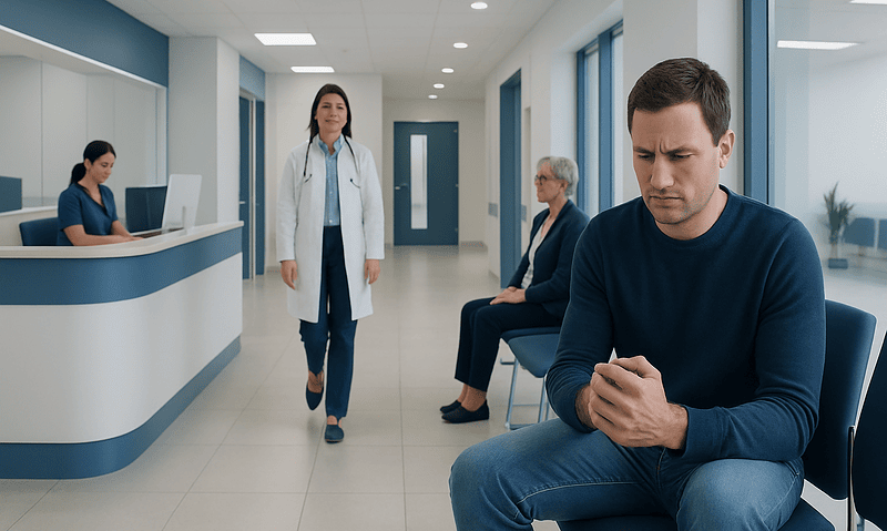 Patient experiencing knuckle pain in a hospital waiting area.