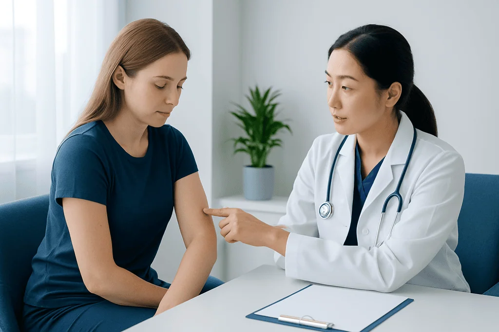Doctor consulting with a patient about skin treatment in a clinic setting.