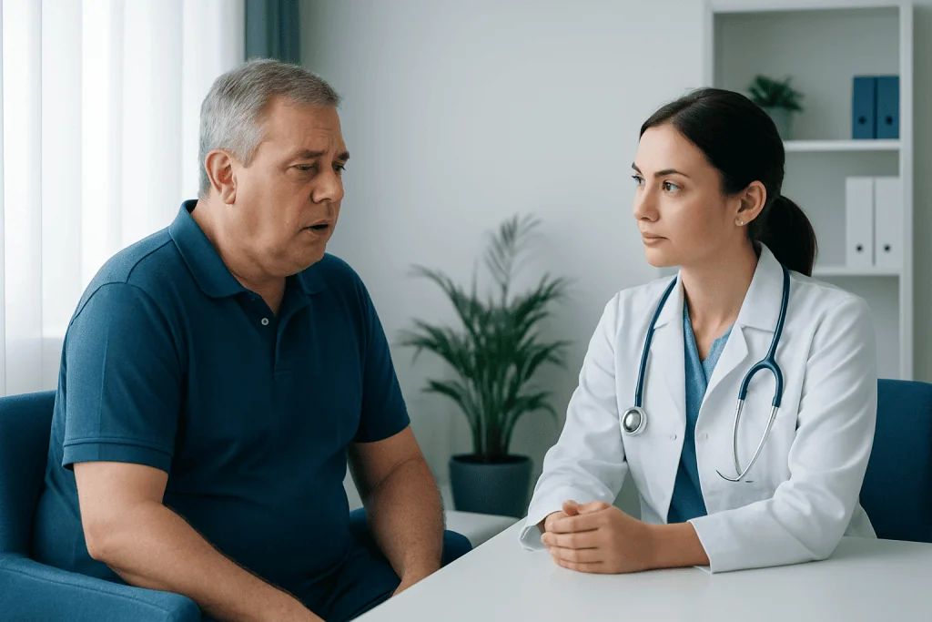 Doctor consulting with a male patient in a medical office.