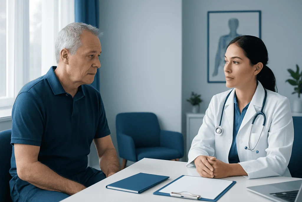 Doctor consulting with an elderly male patient in a medical office.