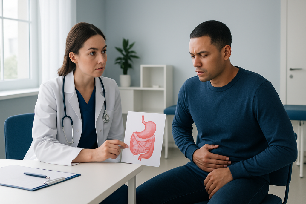 Doctor explaining stomach issues to patient in a consultation room.