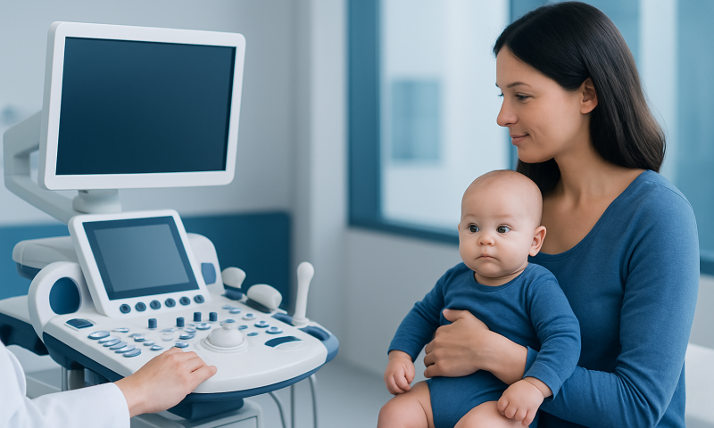 Mother with baby during ultrasound examination at hospital.