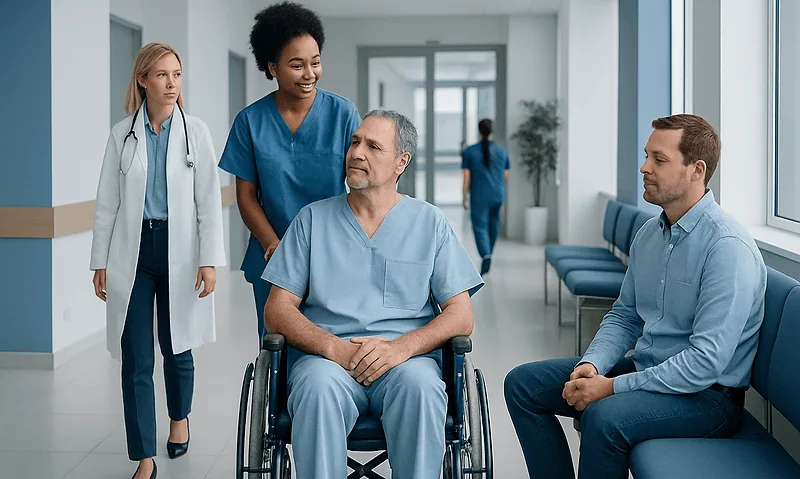 Hospital staff caring for a patient in a wheelchair in a modern hospital corridor.