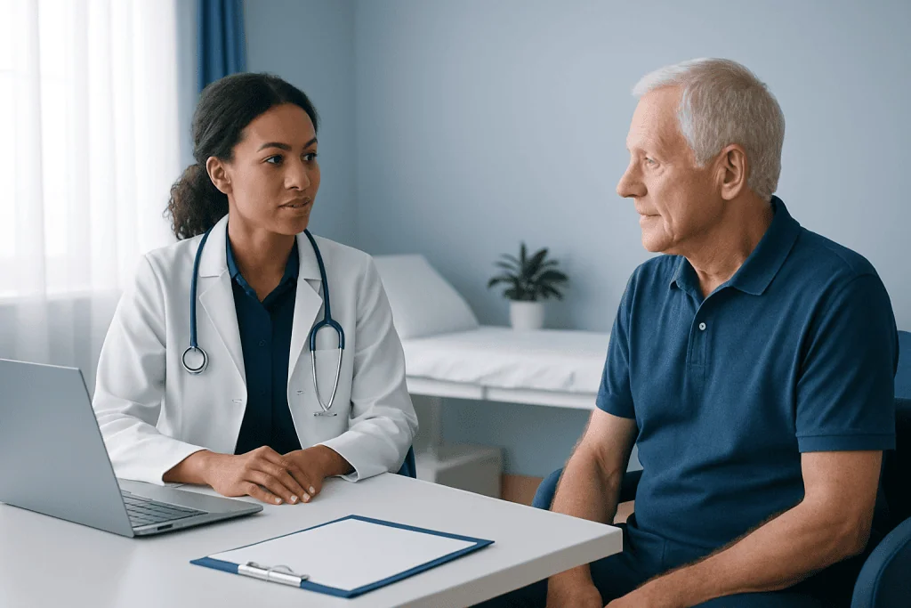 Doctor consulting with an elderly male patient in a medical office.