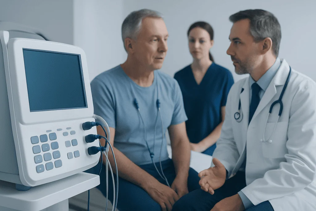 Doctor consulting with patient in hospital room with medical equipment.