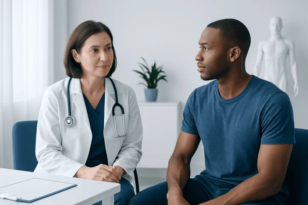 Doctor consulting with a patient in a medical office setting.