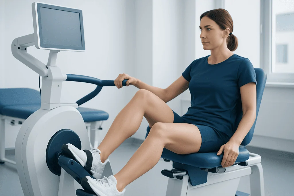 Woman exercising on a leg workout machine at a medical facility.