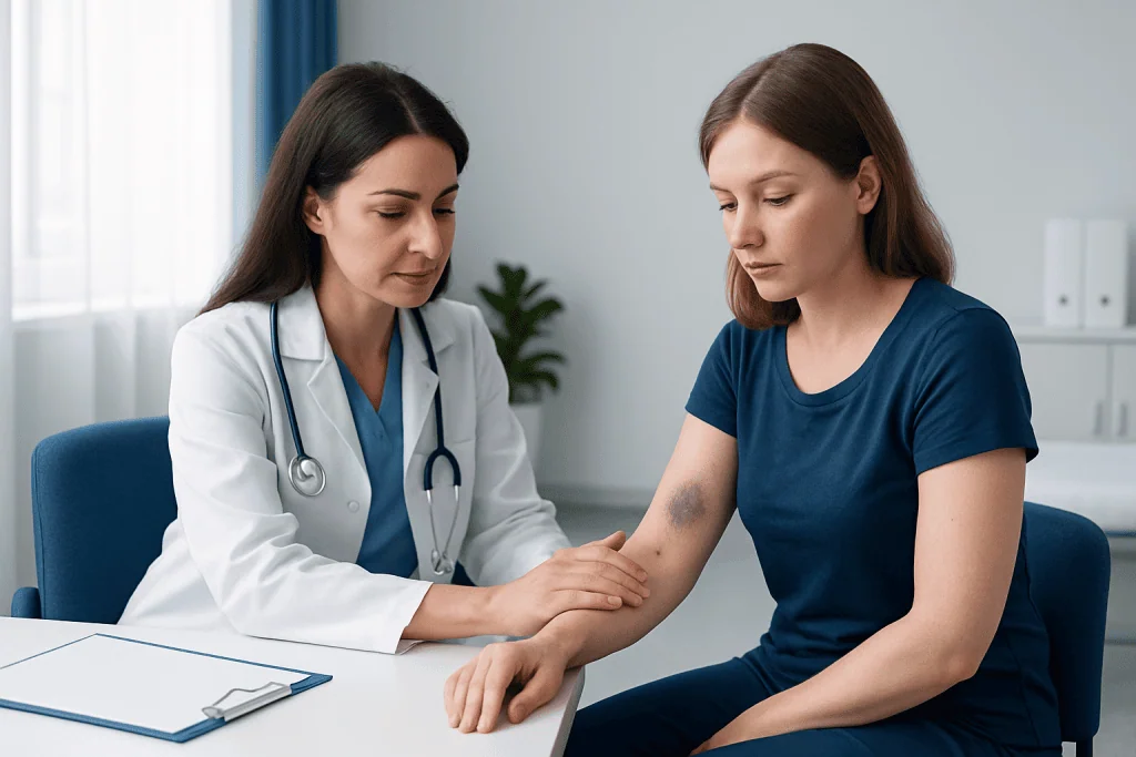 Doctor examining a patient's arm with a bruise in a clinical setting.