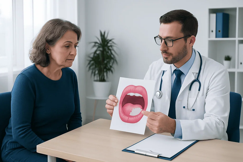 Doctor explains oral health to patient with mouth diagram in clinic.