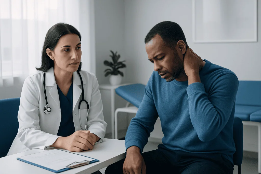 Doctor consulting with patient about neck pain in clinic setting.