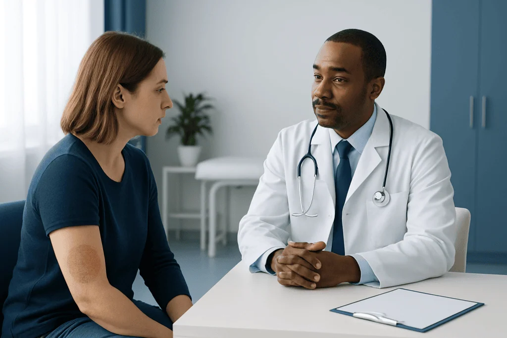 Doctor consulting with a female patient in a modern clinic setting.