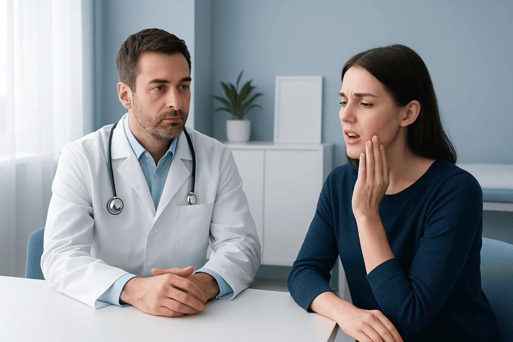 Doctor consulting with a woman patient about her jaw pain.