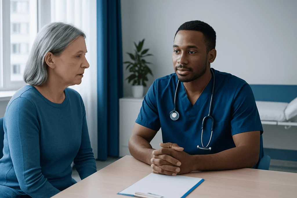 Doctor discussing health concerns with an elderly patient in a hospital room.