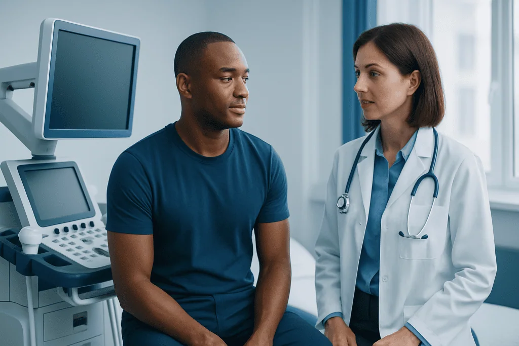 Doctor consulting a patient in a hospital room with medical equipment.