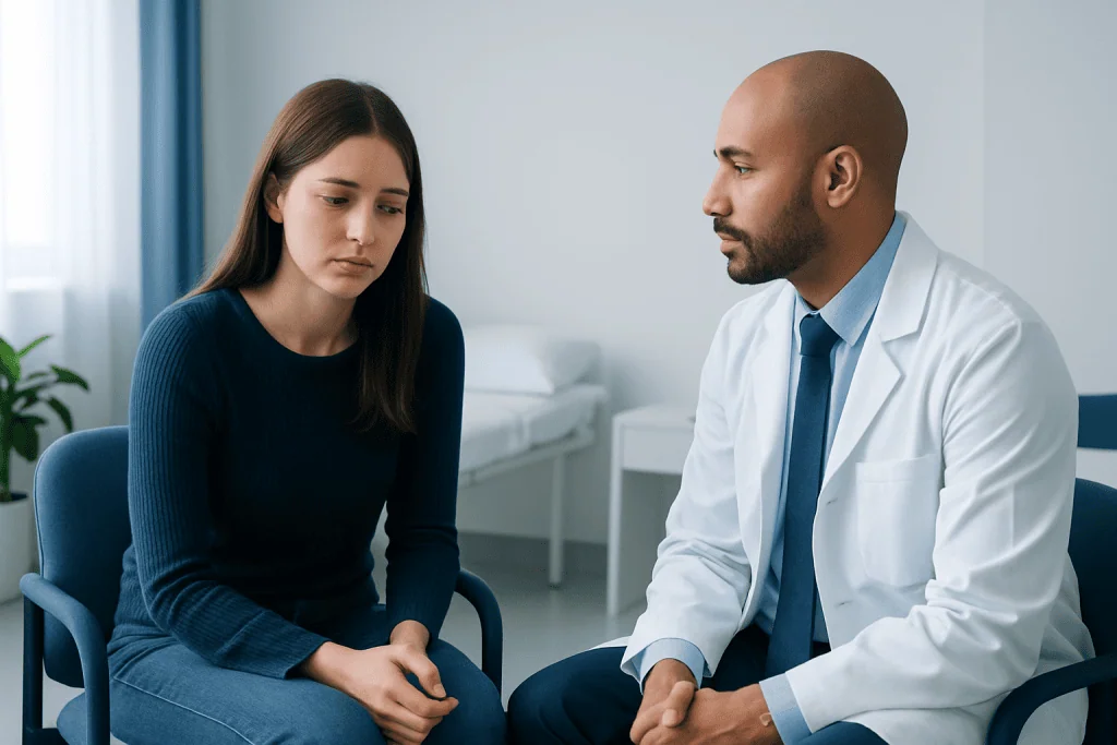 Doctor consulting with a young woman in a medical office.