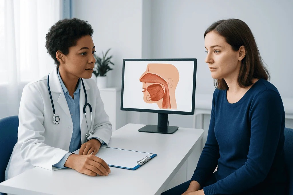 Doctor explaining lingual tonsils to patient in consultation room.