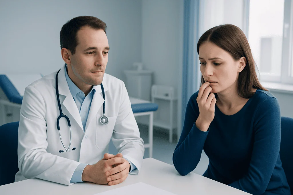 Doctor consulting with a young woman about a medical concern in a clinic setting.