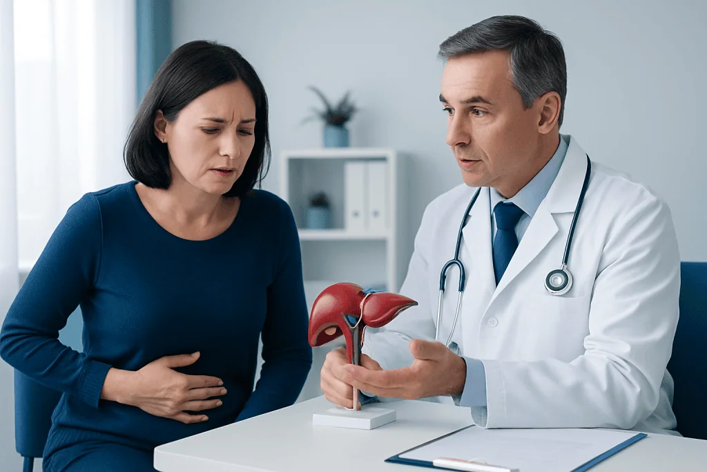 Doctor explaining liver health to a patient with stomach pain.
