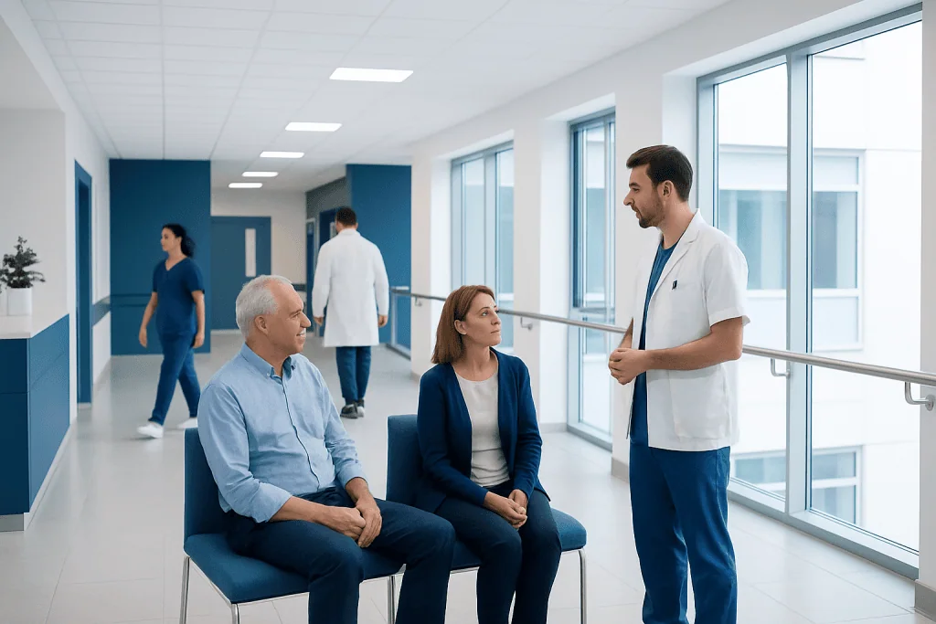 Aftercare Abroad: When You May Need Local Help After Returning from Turkey 1 Doctor consulting with elderly patient and companion in hospital corridor.