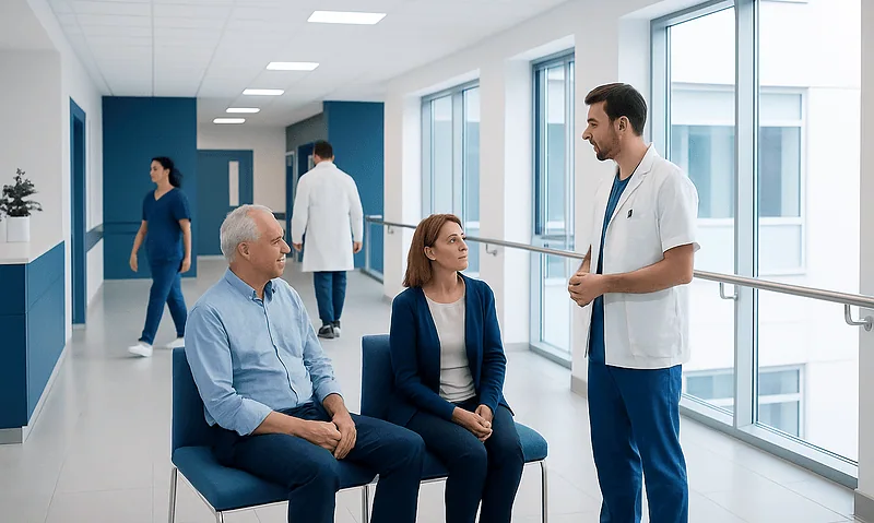 Doctor consulting with elderly patient and companion in hospital corridor.