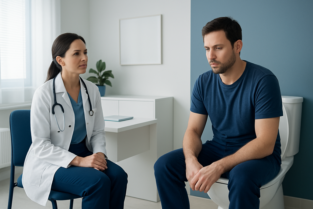 Doctor consulting with male patient in a medical office.