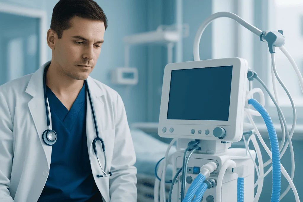 Doctor in hospital monitoring medical equipment in a clinical setting.