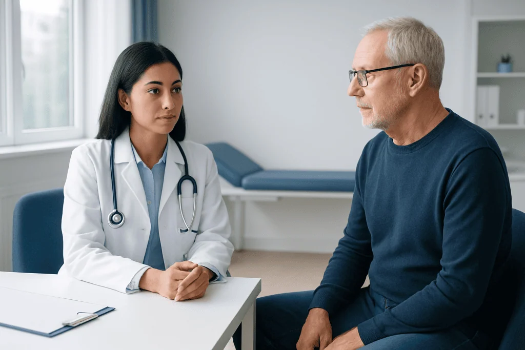 Doctor consulting with an elderly male patient in a medical office.