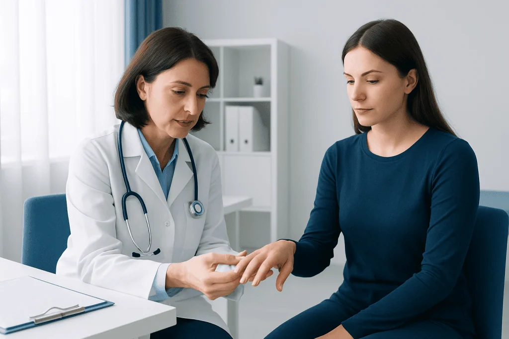 Doctor examining patient's nails for signs of iron deficiency.