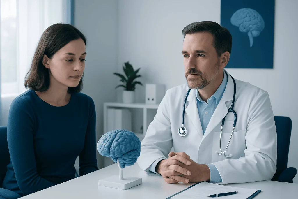 Doctor explaining brain health to a patient in a medical office.