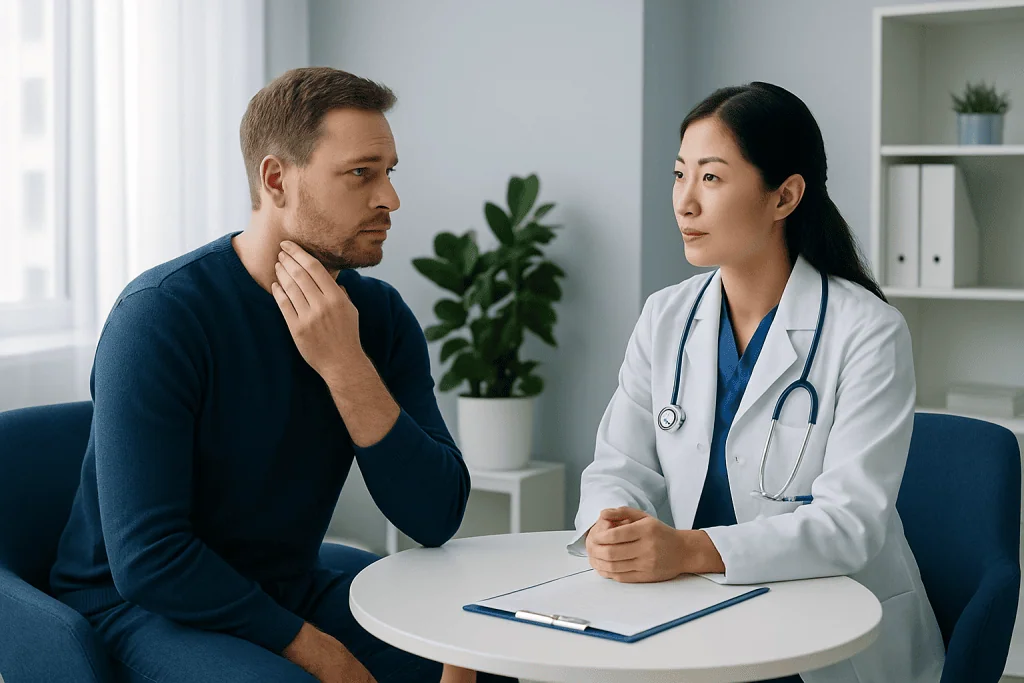 Doctor consulting with male patient in a medical office setting.
