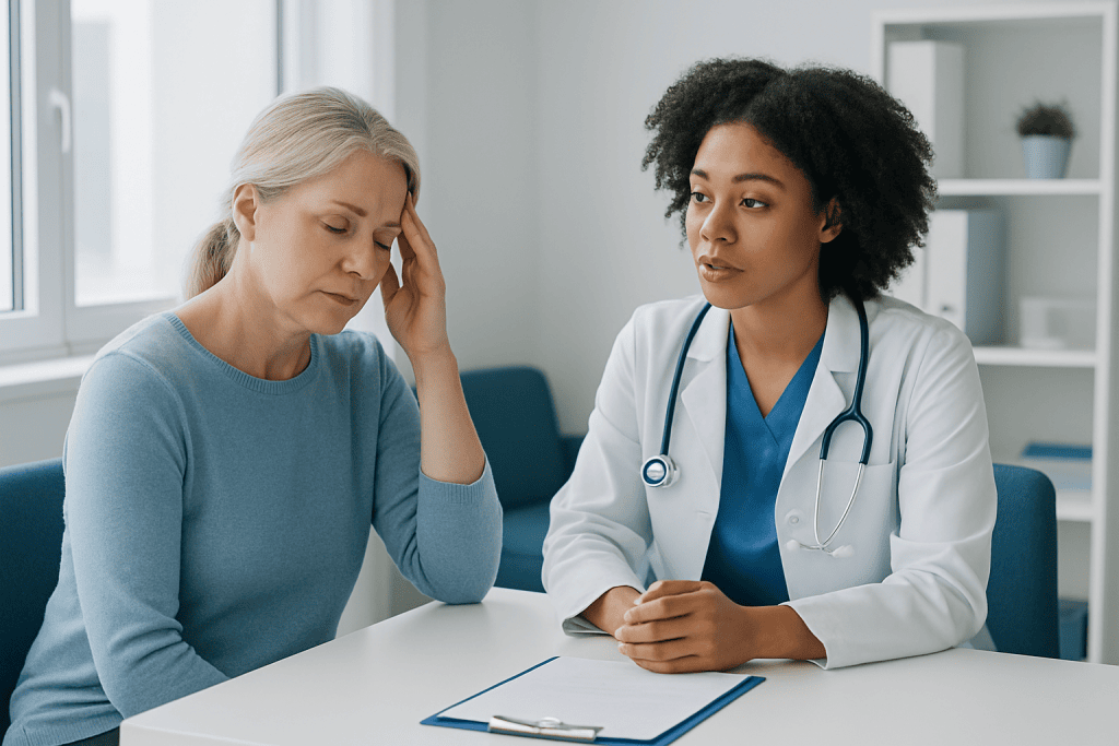 Doctor consulting with a worried female patient in a medical office.
