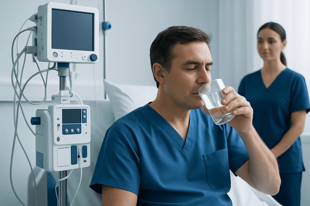 Patient drinking water in hospital room with medical equipment nearby.