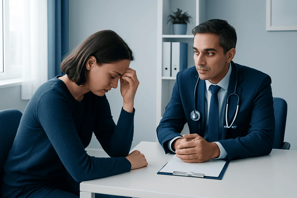 Patient distressed during consultation with doctor about depression symptoms.