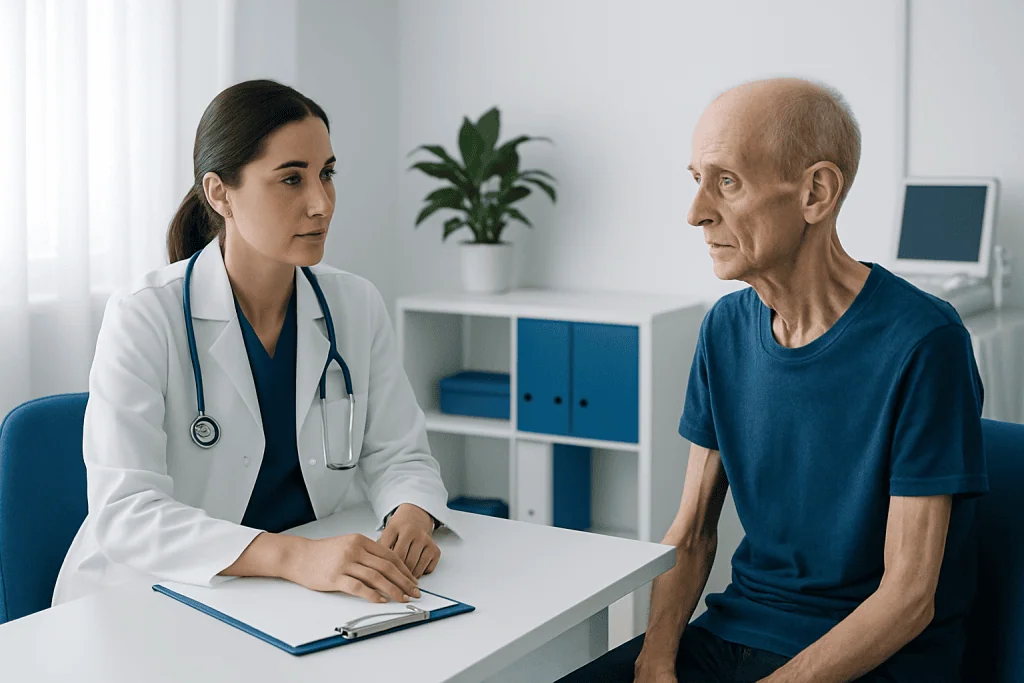 Doctor consulting an elderly patient in a medical office.