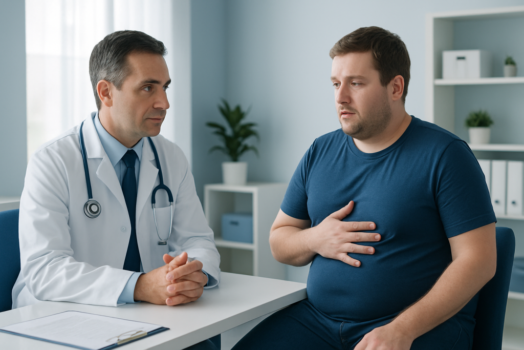 Doctor consulting with a male patient about health concerns in a modern clinic.