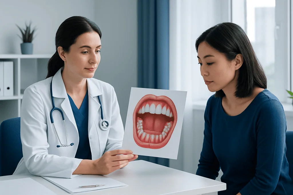 Dentist explaining oral health to patient with mouth model.