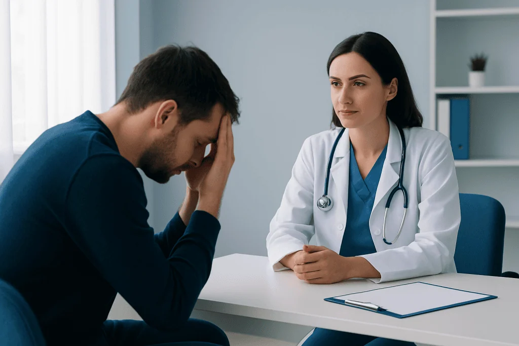 Patient distressed during consultation with doctor in a medical office.