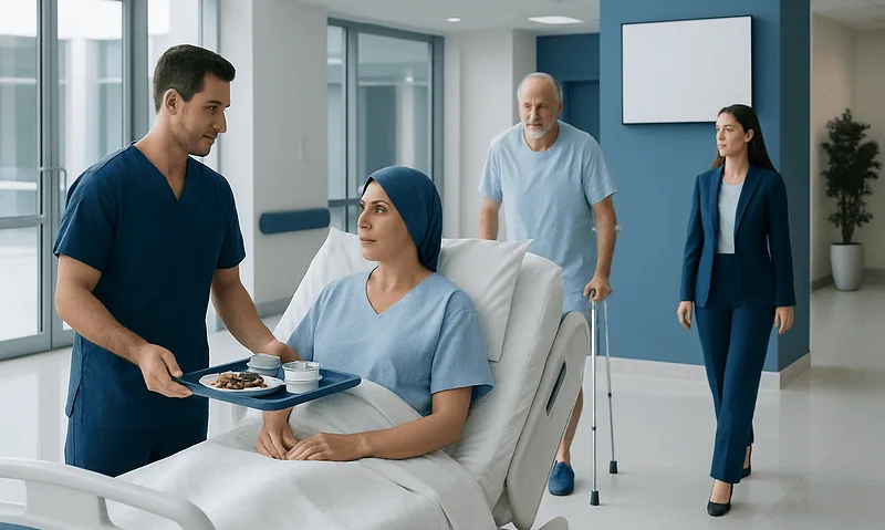 How to Plan Meals Around Surgery and Recovery During Your Stay in Turkey 4 Hospital staff serving food to a patient in a modern medical facility.