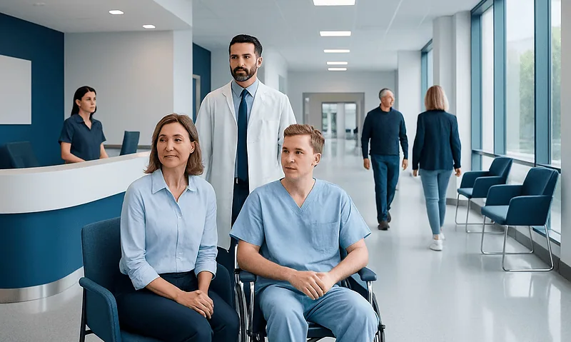 Patients waiting in a modern hospital corridor with medical staff nearby.