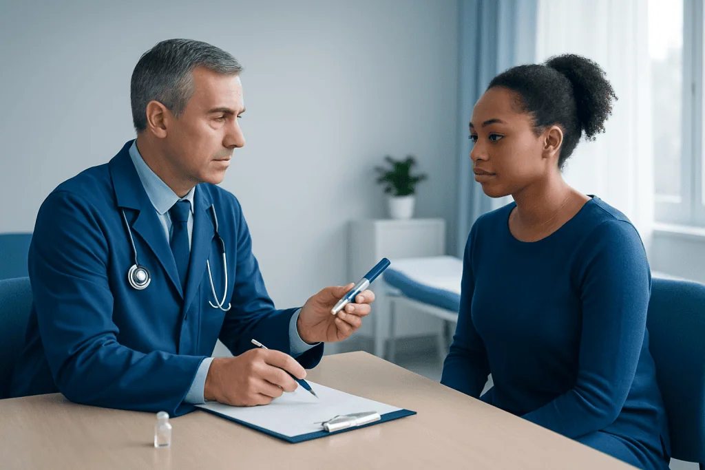 Doctor discussing health with a patient in a medical consultation room.